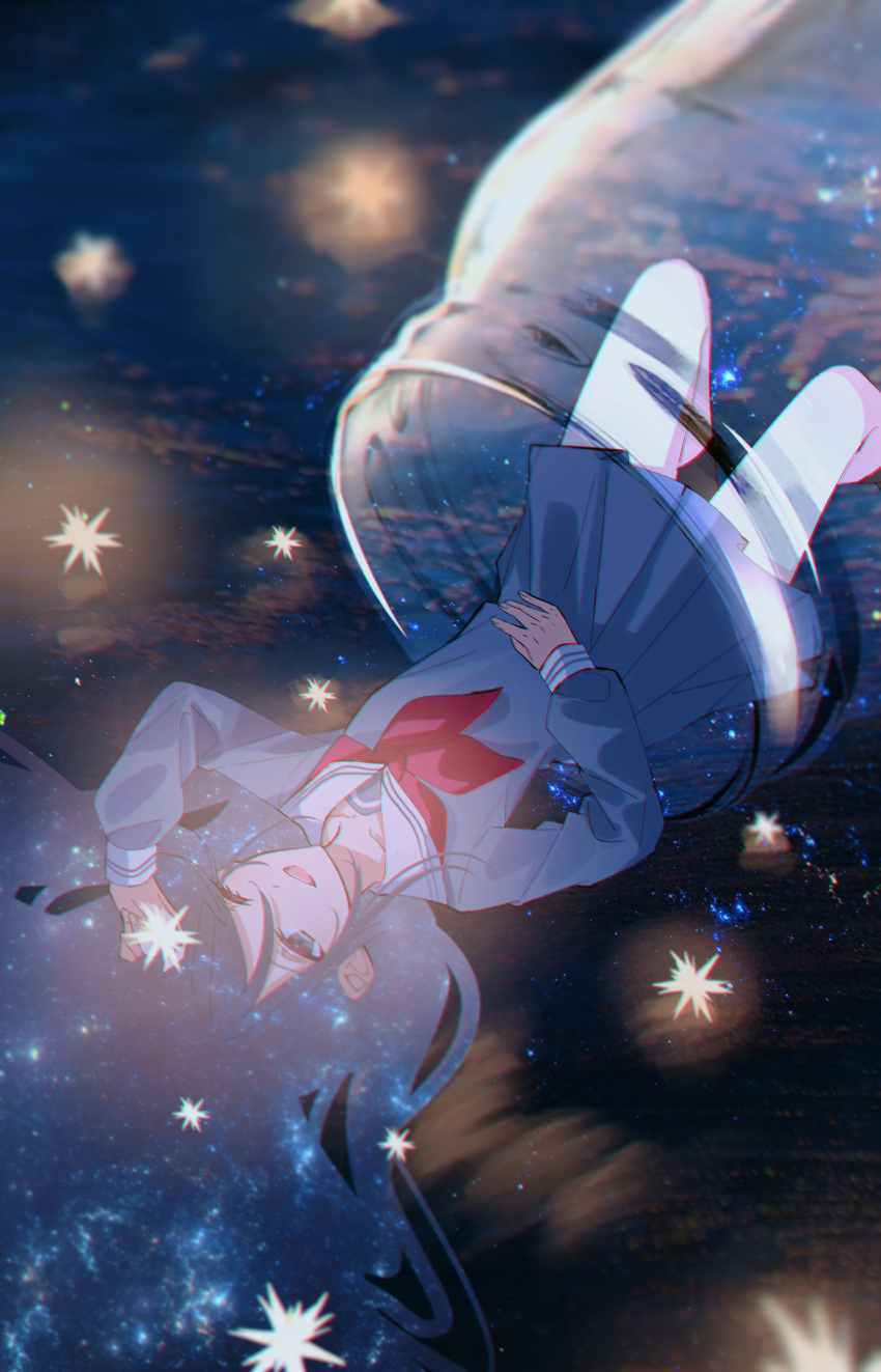 1girl absurdres arm_up blue_eyes blue_hair double_exposure grey_serafuku grey_shirt grey_skirt hair_between_eyes hair_spread_out highres hoshino_ichika_(project_sekai) in_container long_hair long_sleeves looking_up lying mason_jar miniskirt miyamasuzaka_girls'_academy_school_uniform neckerchief on_back one_eye_closed open_mouth pleated_skirt project_sekai red_neckerchief ritzchrono sailor_collar school_uniform serafuku shirt skirt sleeve_cuffs smile solo space star_(sky) water white_sailor_collar