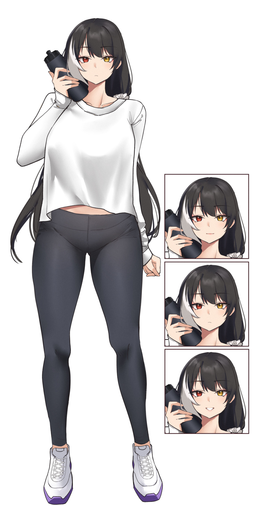 1girl absurdres alternate_costume black_hair black_pants bottle breasts commission expressions full_body girls_frontline heterochromia highres holding holding_bottle large_breasts long_hair multicolored_hair pants pinepin red_eyes ro635_(girls'_frontline) shirt shoes simple_background smile sneakers sportswear streaked_hair tight_clothes tight_pants white_background white_hair white_shirt yellow_eyes yoga_pants