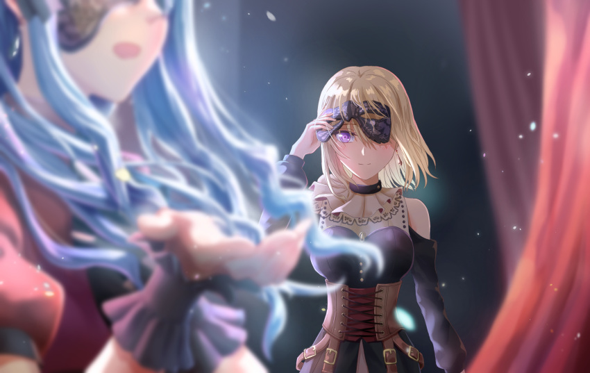 2girls bang_dream! bang_dream!_it's_mygo!!!!! black_dress black_mask blonde_hair blue_hair blurry breasts brown_corset clothing_cutout commentary_request corset depth_of_field dress earrings floating_hair hand_up highres jewelry light_particles long_hair long_sleeves looking_at_another looking_at_viewer mask masquerade_mask medium_breasts medium_hair misumi_uika multiple_girls open_mouth puffy_short_sleeves puffy_sleeves red_shirt shih_lion shirt short_sleeves shoulder_cutout togawa_sakiko violet_eyes