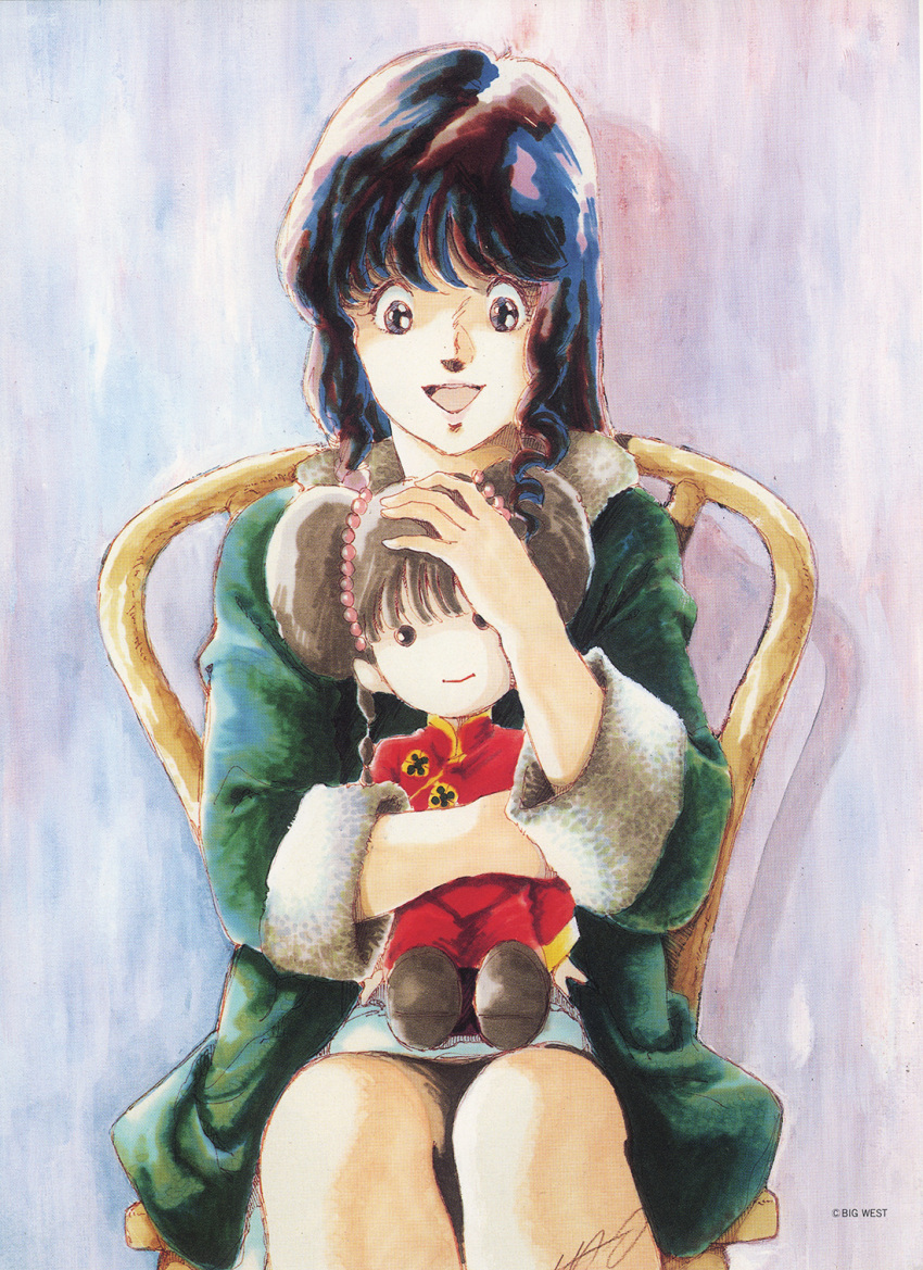 1980s_(style) 1girl black_eyes black_hair chair china_dress chinese_clothes choujikuu_yousai_macross coat doll dress happy highres hug hugging_doll hugging_object long_hair looking_at_viewer lynn_minmay macross mikimoto_haruhiko open_mouth painting_(medium) production_art retro_artstyle scan signature sitting traditional_media