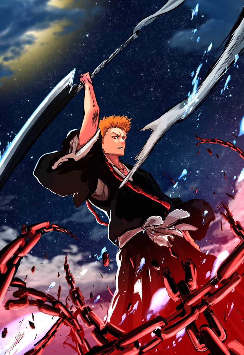 1boy aged_up arm_at_side arm_up black_hakama black_kimono bleach bleach:_epilogue broken broken_chain brown_eyes chain clouds commentary_request cowboy_shot dutch_angle fighting_stance hakama highres holding holding_sword holding_weapon isana! japanese_clothes kimono kurosaki_ichigo light_particles long_sleeves looking_at_viewer male_focus mature_male night obi orange_hair outdoors parted_lips sash short_hair sky solo spiky_hair star_(sky) starry_sky sword weapon wide_sleeves zangetsu_(shikai)