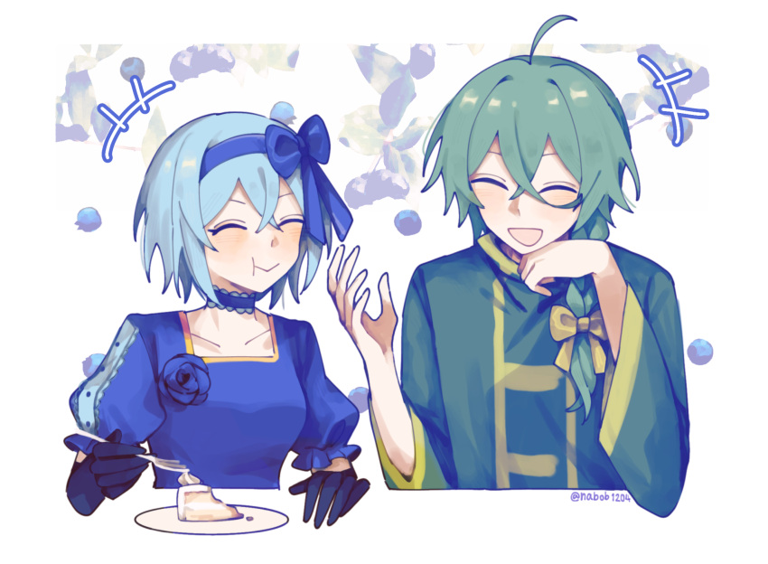 1boy 1girl ahoge aqua_hair ashe_bradley blue_bow blue_choker blue_dress blue_flower blue_gloves blue_hair blue_hairband bow braid cake choker claire_elford closed_mouth collarbone dress elbow_gloves flower food fork frilled_choker frills gloves green_jacket hair_between_eyes hair_bow hairband hand_on_own_chin hand_up highres holding holding_fork jacket nabob open_mouth plate puffy_short_sleeves puffy_sleeves short_hair short_sleeves single_braid smile twitter_username white_background wide_sleeves witch's_heart yellow_bow yellow_trim