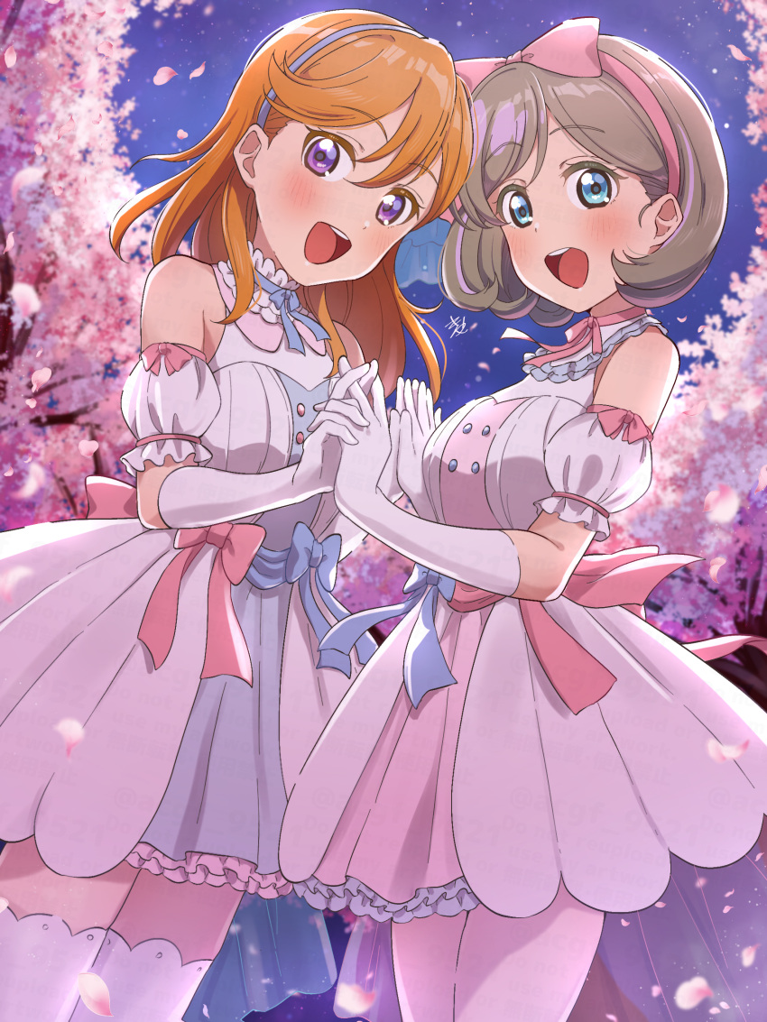 2girls :d absurdres blue_bow blue_dress blue_eyes blue_hairband blue_ribbon blush bow bow_hairband breasts cherry_blossoms choker detached_sleeves dress dress_bow dutch_angle elbow_gloves falling_petals frilled_choker frilled_dress frills gloves hairband highres holding_hands interlocked_fingers kyaku_tasu light_brown_hair looking_at_viewer love_live! love_live!_superstar!! medium_breasts medium_hair multiple_girls open_mouth orange_hair palms_together parted_bangs petals pink_bow pink_dress pink_hairband pink_petals pink_ribbon ribbon ribbon_choker shibuya_kanon short_dress short_hair short_sleeves sleeveless sleeveless_dress smile tang_keke teeth thigh-highs tiny_stars upper_teeth_only violet_eyes white_dress white_gloves white_thighhighs