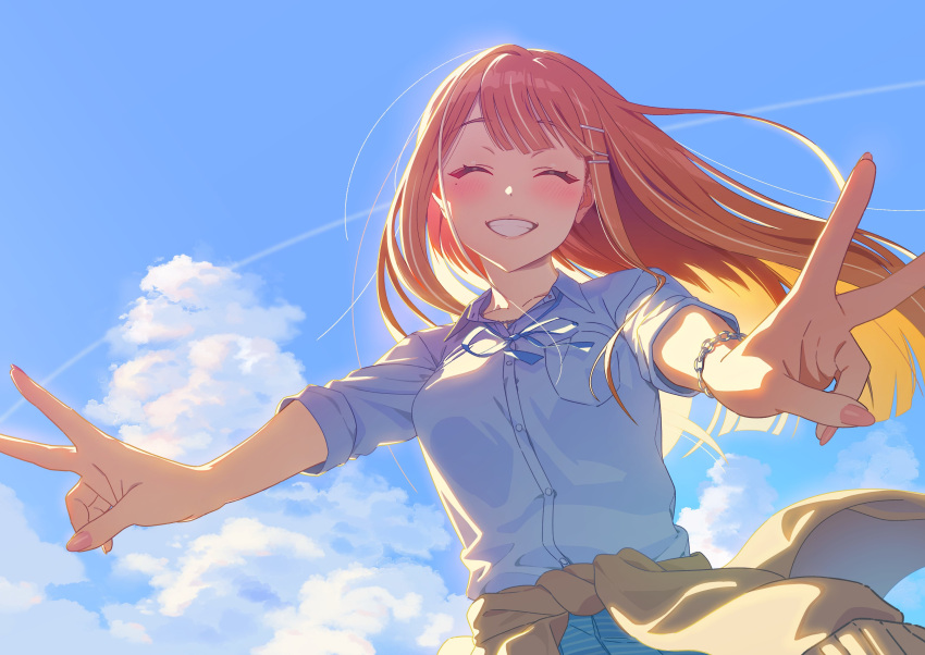 1girl absurdres blue_sky blush breast_pocket brown_sweater chain_bracelet closed_eyes clothes_around_waist clouds cloudy_sky day double_v gakuen_idolmaster grin highres idolmaster jewelry long_hair mole mole_under_eye multicolored_hair orange_hair outdoors pocket shirt shiun_sumika sky sleeve_rolled_up smile solo streaked_hair sweater sweater_around_waist tonegawa_ribu v white_hair white_shirt