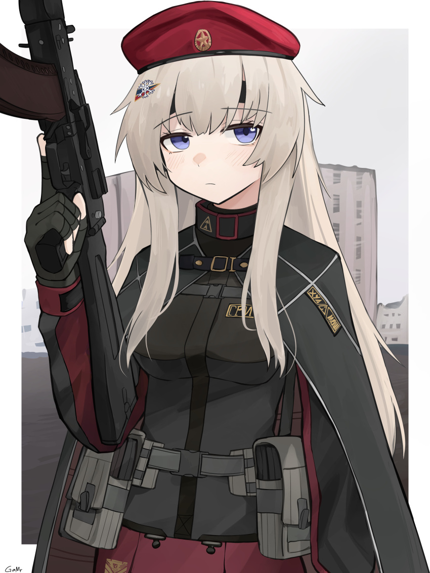 1girl absurdres ak-74m ak74m_(girls'_frontline) assault_rifle beret breasts building camouflage_cloak camouflage_gloves ear_protection gamryous girls_frontline gun hair_ornament hat highres holding holding_gun holding_weapon kalashnikov_rifle light_brown_hair long_hair looking_afar medium_breasts red_star revision rifle russia russian_flag simple_background snowflake_hair_ornament solo star_(symbol) tactical_clothes violet_eyes weapon