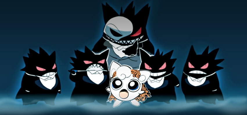 black_jacket blue_background bow bowtie bright_pupils colored_sclera english_commentary evil_grin evil_smile gengar gh_(ront) grin jacket jigglypuff mask music no_humans open_mouth parody phantom_of_the_opera pokemon pokemon_(creature) red_sclera sharp_teeth singing smile tailcoat teeth white_bow white_bowtie white_pupils wig