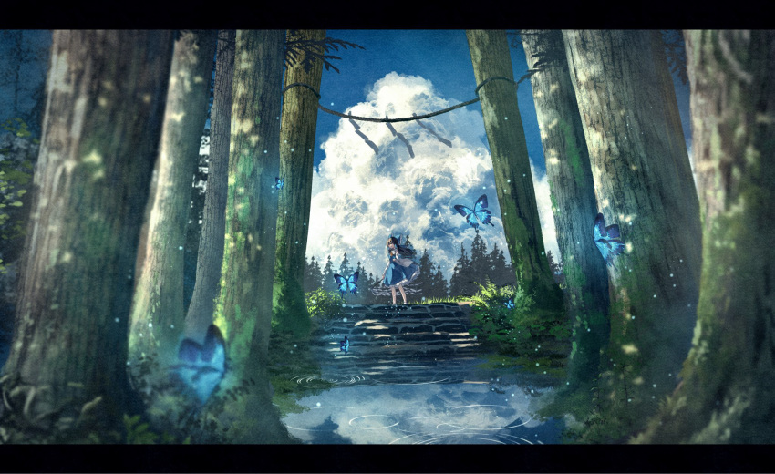 1girl alternate_color blue_butterfly blue_skirt blue_sky bug butterfly clouds cloudy_sky cumulonimbus_cloud forest hakurei_reimu highres nature puddle reflection reflective_water rope scenery shimekake shimenawa skirt sky solo stairs stone_stairs touhou tree wide_shot