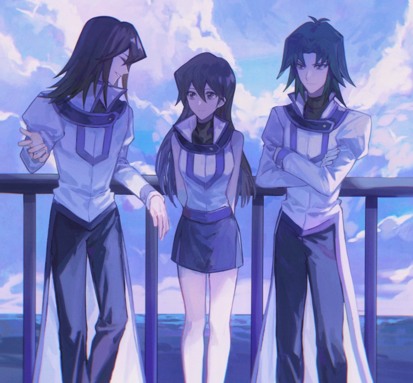 1girl 2boys against_railing arms_behind_back bad_id bad_lofter_id black_pants black_shirt black_skirt blue_hair blue_sky brown_hair closed_eyes clouds cloudy_sky coat crossed_arms day duel_academy_uniform_(yu-gi-oh!_gx) elbow_rest grin hand_up happy high_collar highres juliet_sleeves leaning_back light_smile long_hair long_sleeves looking_at_another marufuji_ryo multiple_boys naoki_(2rzmcaizerails6) ocean outdoors pants puffy_sleeves railing serious shirt skirt sky sleeveless sleeveless_jacket smile standing tenjouin_asuka tenjouin_fubuki turtleneck turtleneck_shirt upper_body white_coat yu-gi-oh! yu-gi-oh!_gx