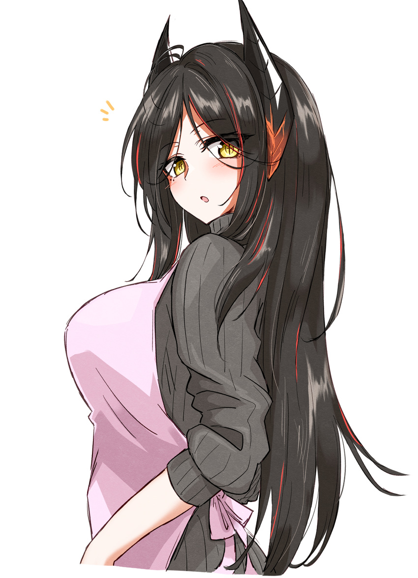 +_+ 1girl :o absurdres apron arknights arms_at_sides black_hair blush cropped_torso from_side grey_sweater highres horns ines_(arknights) long_hair long_sleeves looking_at_viewer maiq06 mole mole_under_eye multicolored_hair notice_lines open_mouth parted_bangs pink_apron redhead ribbed_sweater sidelocks simple_background sleeves_pushed_up solo straight_hair streaked_hair sweater turtleneck turtleneck_sweater white_background yellow_eyes