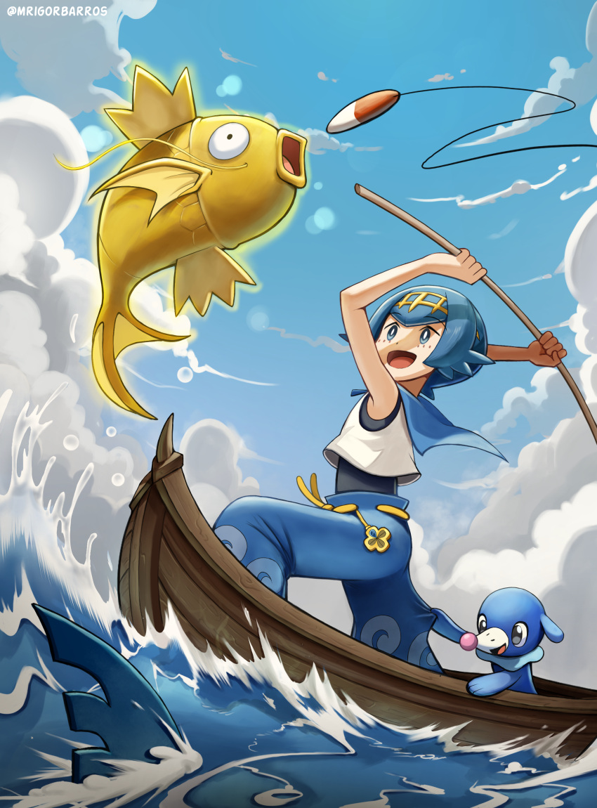 1girl :d absurdres alternate_color blue_eyes blue_hair blue_pants boat bright_pupils clouds commentary day fishing fishing_rod hairband highres holding holding_fishing_rod lana_(pokemon) magikarp mr.thunderigor no_sclera open_mouth outdoors pants pokemon pokemon_(creature) pokemon_sm popplio sharpedo shiny_pokemon shirt short_hair sky sleeveless sleeveless_shirt smile swimsuit swimsuit_under_clothes water watercraft wave_print white_pupils white_shirt yellow_hairband