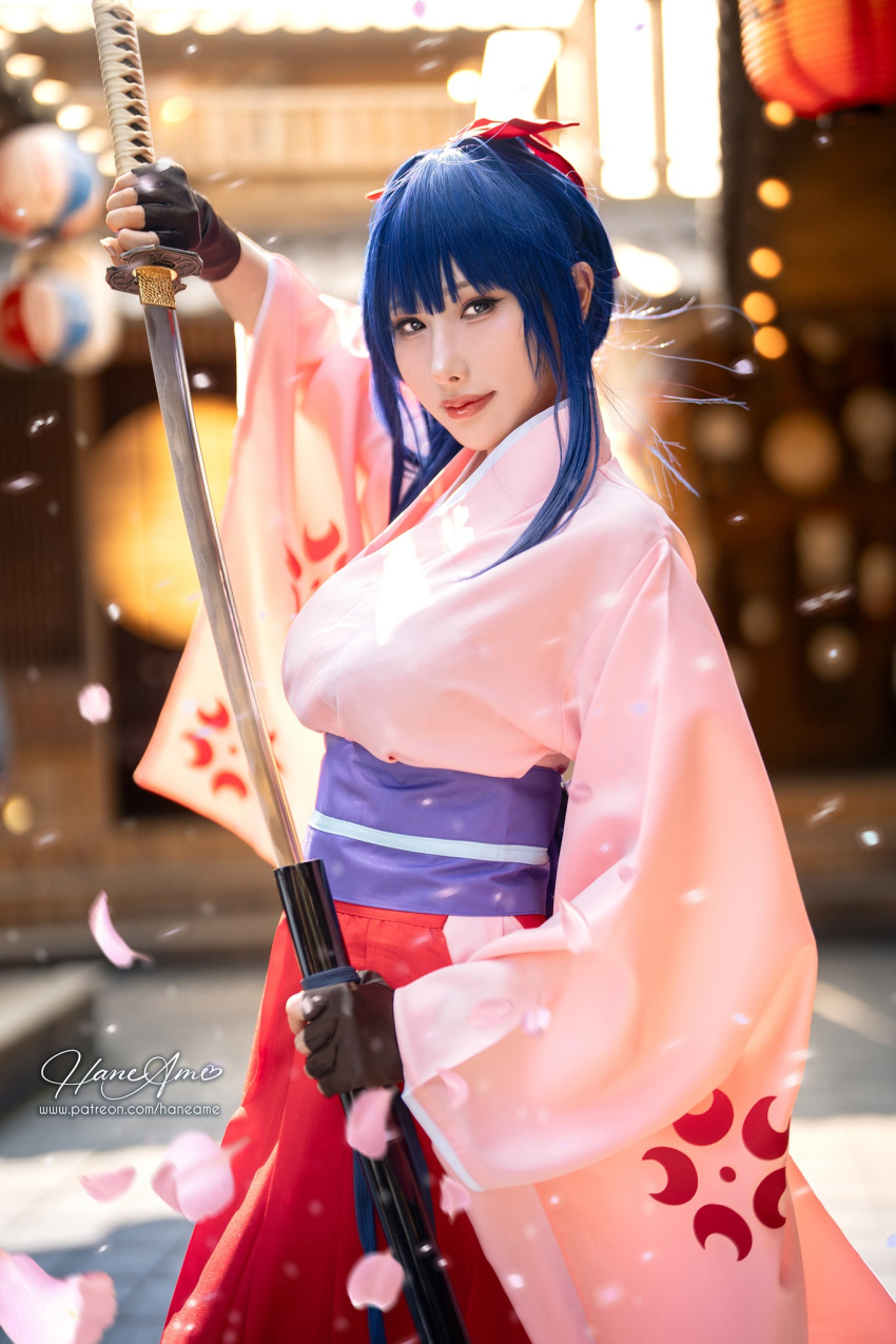 1girl architecture artist_name black_gloves blue_eyes blue_hair breasts cherry_blossoms cosplay_photo east_asian_architecture english_commentary fingerless_gloves from_side gloves hair_behind_ear hakama hakama_skirt haneame_(cosplayer) head_tilt highres holding holding_sword holding_weapon japanese_clothes katana kimono lantern light_particles looking_at_viewer medium_breasts photo_(medium) pink_kimono red_skirt sakura_taisen sheath shinguuji_sakura skirt solo sword unsheathing weapon