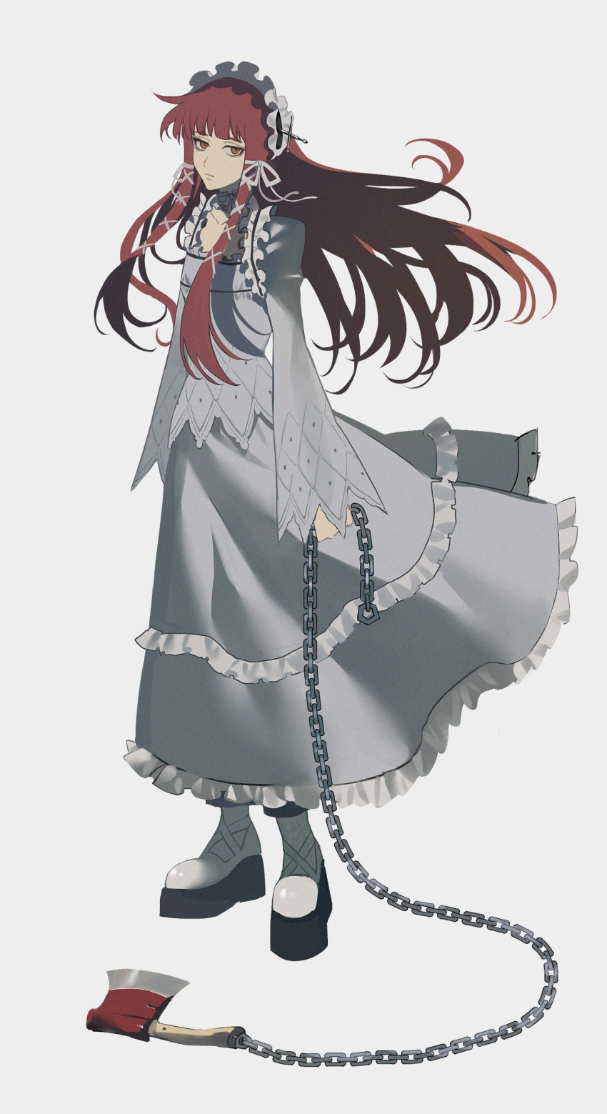 1girl absurdres axe boots chain dress frilled_sleeves frills full_body hair_ornament hair_ribbon highres holding holding_chain long_hair long_sleeves looking_at_viewer maid_headdress persona persona_3 redhead ribbon sidelocks simple_background sio2_(whynotkarma) solo white_background white_dress white_footwear white_ribbon x_hair_ornament yoshino_chidori