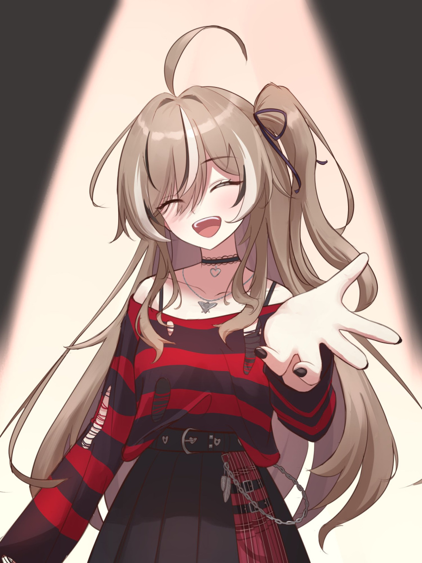 1girl :d ahoge belt belt_chain black_nails black_ribbon black_skirt black_sweater brown_hair cakesreal choker closed_eyes emo_fashion hair_over_one_eye hair_ribbon heart heart_choker highres hololive hololive_english huge_ahoge lace-trimmed_choker lace_trim long_hair multicolored_hair nanashi_mumei nanashi_mumei_(emo) one_side_up outstretched_hand plaid plaid_skirt pleated_skirt red_sweater ribbon skirt smile spotlight streaked_hair striped_clothes striped_sweater sweater sweater_partially_tucked_in teeth torn_clothes torn_sweater two-tone_sweater upper_teeth_only very_long_hair virtual_youtuber