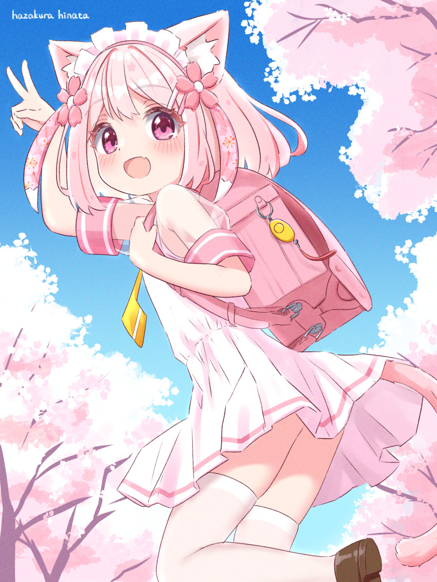 1girl absurdres animal_ear_fluff animal_ears arm_up artist_name backpack bag blue_sky brown_footwear cat_ears cat_girl cat_tail cherry_blossoms commentary_request crime_prevention_buzzer dress flower from_behind hair_flower hair_ornament hairclip hazakura_hinata highres leg_up looking_back maid_headdress open_mouth original outdoors pink_dress pink_eyes pink_hair pleated_dress randoseru school_uniform shoes short_hair short_sleeves sky smile solo standing standing_on_one_leg tail thigh-highs thighs tree v variant_set white_thighhighs