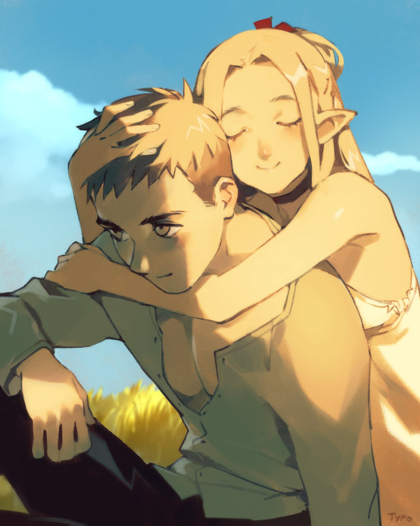 1boy 1girl arm_rest blonde_hair blue_sky blush brown_eyes choker closed_eyes clouds dress dungeon_meshi elf grass hair_around_ear highres hug hug_from_behind laios_touden long_hair marcille_donato optionaltypo outdoors partially_unbuttoned pointy_ears shirt short_hair signature sitting sky sleeveless sleeveless_dress smile