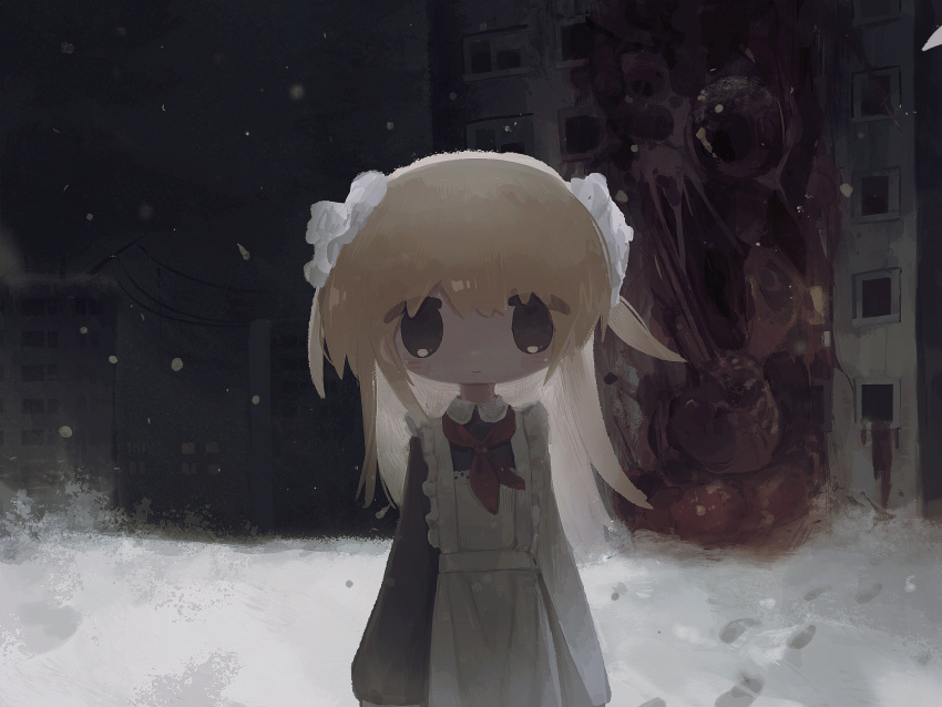 1girl apron backlighting black_dress black_eyes blonde_hair blood_on_wall blush building closed_mouth collared_dress cowboy_shot dress flesh flesh_blood_&amp;_concrete fox_kikumi hair_ornament hair_scrunchie highres long_hair looking_at_viewer maid maid_apron neckerchief night nika_(flesh_blood_&amp;_concrete) outdoors red_neckerchief scrunchie smile snow snowing solo standing straight-on two_side_up