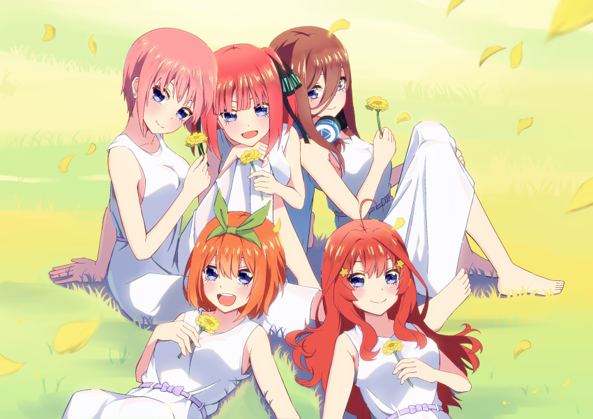 2023 5girls :d absurdres alternate_costume arm_at_side bare_arms blue_eyes blunt_bangs blush breasts brown_hair closed_mouth commentary_request dated_commentary day dress eyebrows_hidden_by_hair falling_petals flower full_body go-toubun_no_hanayome grass green_ribbon hair_between_eyes hair_ornament hair_over_one_eye hair_ribbon hair_spread_out hand_up happy head_tilt headphones headphones_around_neck highres holding holding_flower knee_up knees_up lap_pillow large_breasts leaning_back looking_at_viewer lying medium_hair multiple_girls nakano_ichika nakano_itsuki nakano_miku nakano_nino nakano_yotsuba on_back on_grass open_mouth orange_hair outdoors petals pink_hair quintuplets redhead ribbon short_hair siblings sidelocks sisters sitting smile star_(symbol) star_hair_ornament straight_hair sundress two_side_up upper_body wavy_hair white_dress yasuba_yuichi yellow_flower