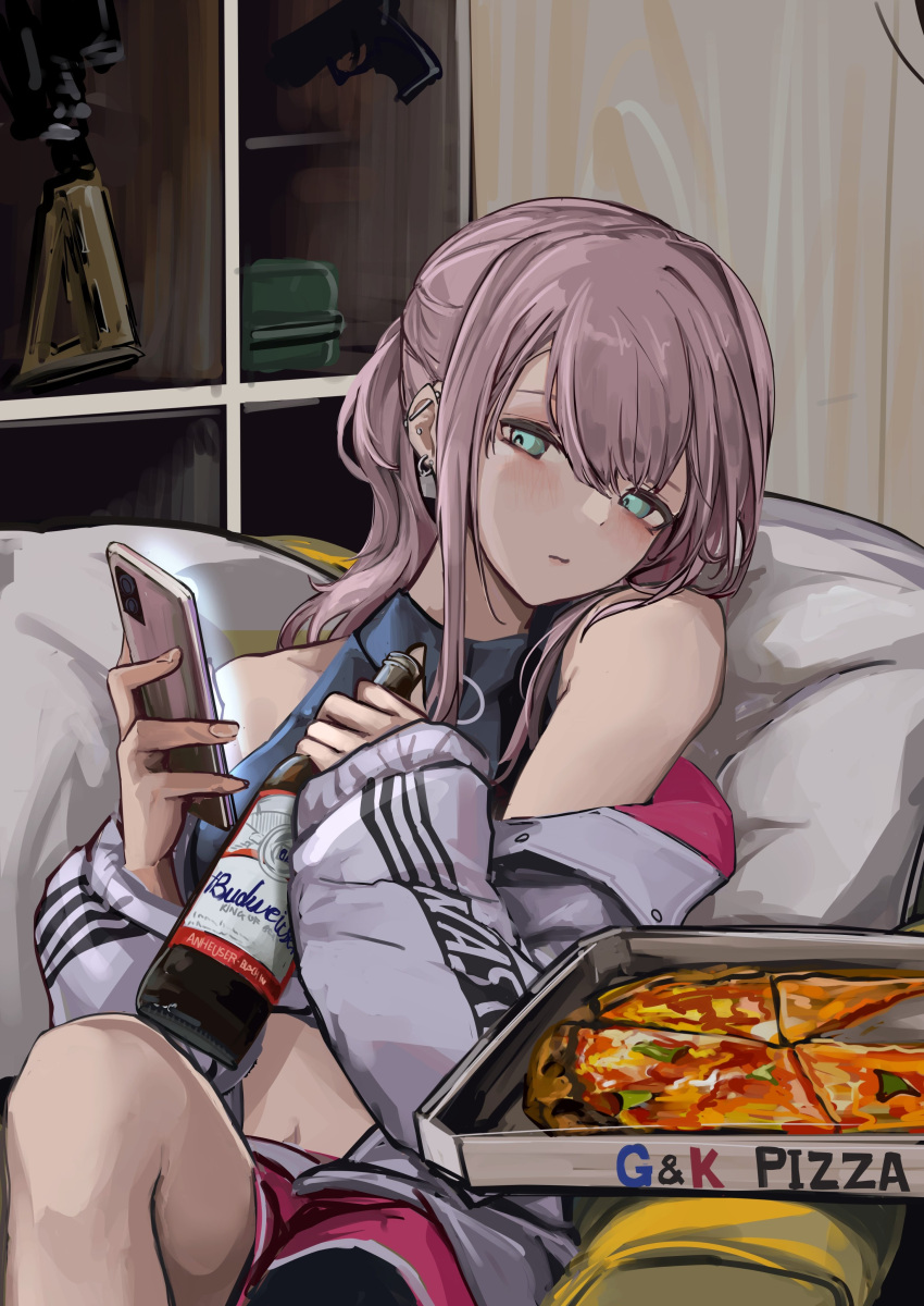absurdres ar-15 beer_bottle blue_eyes blue_shirt budweiser cellphone dolphin_shorts food girls_frontline gun highres holding holding_phone jacket lithographica phone pink_shorts pizza pizza_box purple_hair rifle shirt shorts sketch smartphone st_ar-15_(girls'_frontline) weapon white_jacket