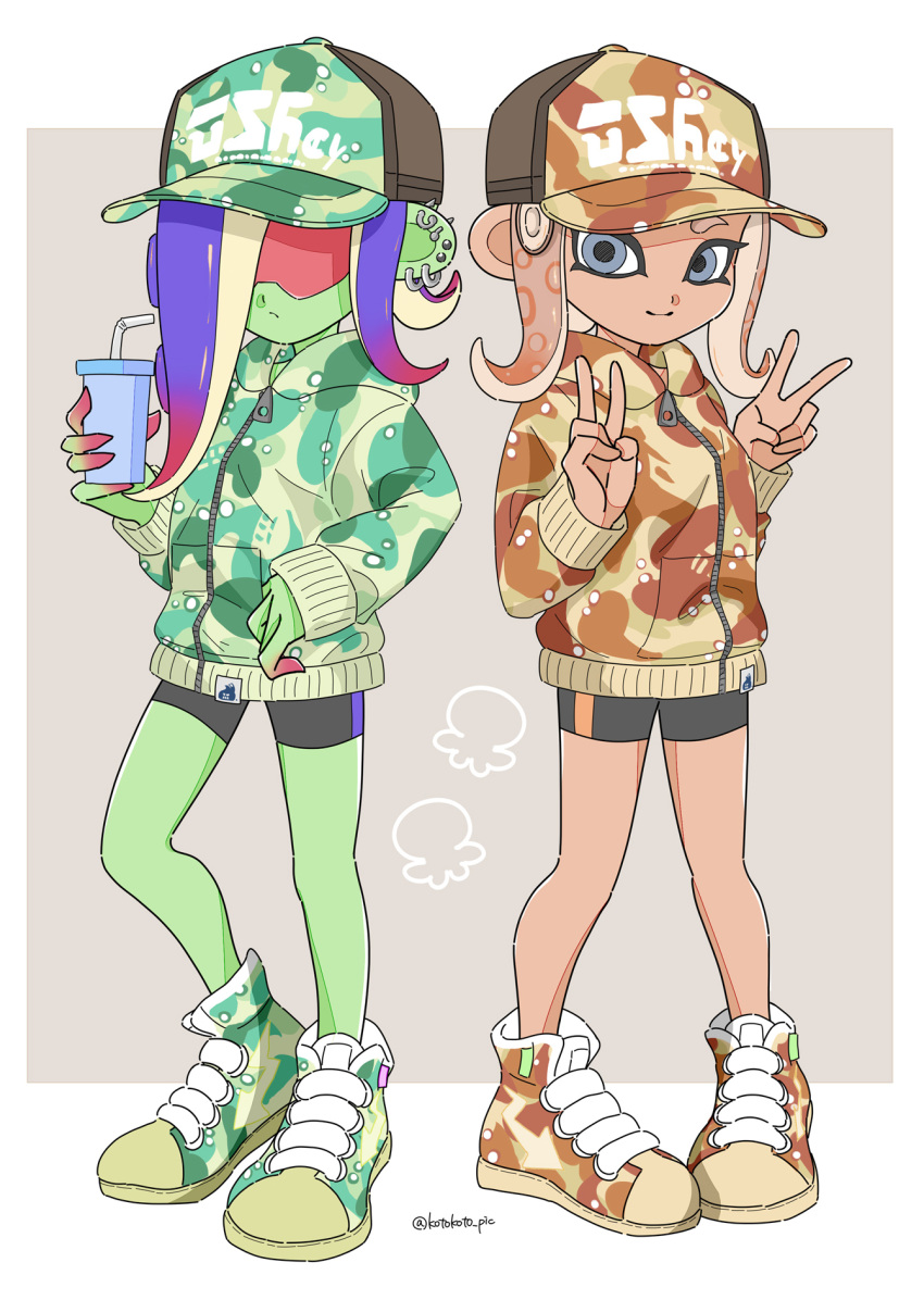2girls agent_8_(splatoon) alternate_costume baseball_cap bike_shorts blue_eyes blue_hair border brown_footwear brown_hair brown_hat brown_jacket closed_mouth colored_skin colored_tips commentary_request cup dedf1sh double_v drinking_straw ear_piercing earrings full_body green_footwear green_hat green_jacket green_skin grey_background hat highres holding holding_cup hoop_earrings jacket jewelry long_hair multicolored_hair multiple_girls octoling octoling_girl octoling_player_character outside_border piercing print_headwear red-tinted_eyewear redhead sanitized_(splatoon) shoes simple_background splatoon_(series) splatoon_3 splatoon_3:_side_order standing sunglasses tentacle_hair tinted_eyewear two-tone_hair v white_border xxmarchxx