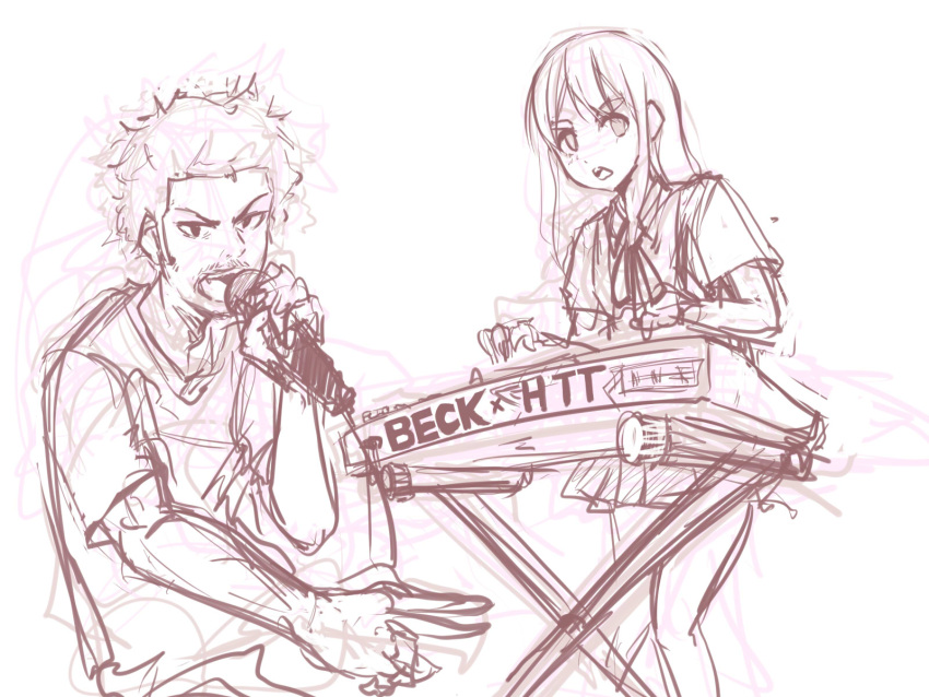 1boy 1girl beck chiba_tsunemi copyright_name crossover facial_hair greyscale highres holding holding_microphone instrument inward_v k-on! kotobuki_tsumugi long_hair microphone monochrome music mustache panties_(pantsu-pirate) playing_instrument playing_piano rapping synthesizer teeth upper_teeth_only v-shaped_eyebrows