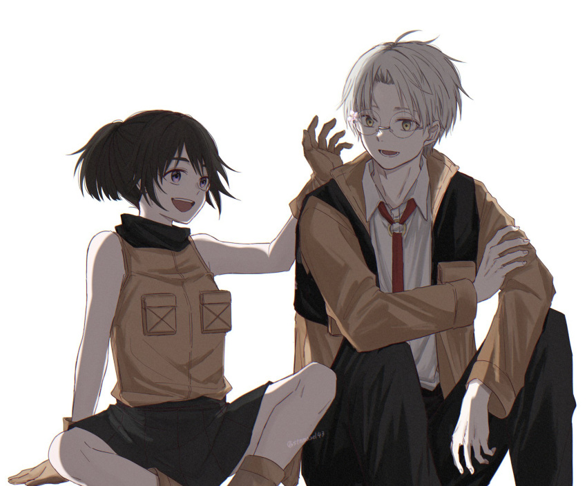 black_hair blonde_hair brown_gloves brown_jacket bulletproof_vest choujin_x couple gloves hand_on_another's_back height_difference higashi_azuma_(choujin_x) highres jacket necktie open_clothes open_jacket otta_ely_(choujin_x) rokuen_skd smile vest violet_eyes white_background yellow_eyes