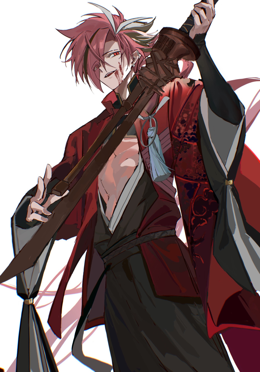 1boy black_hair black_hakama blood blood_on_face dragon_print earrings eyebrow_cut eyes_visible_through_hair fate/grand_order fate_(series) hair_over_one_eye hakama highres holding holding_weapon instrument_on_back jacket japanese_clothes jewelry long_hair long_sleeves looking_at_viewer low_ponytail male_focus muki_(muki_kunxd) multicolored_hair nagatekkou pectoral_cleavage pectorals red_eyes red_jacket redhead simple_background smile solo streaked_hair sword takasugi_shinsaku_(fate) toned toned_male underpec weapon white_background white_hair wide_sleeves