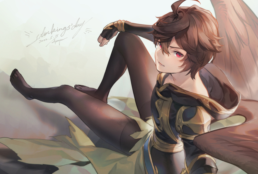 1boy 2022 ahoge brown_hair brown_wings cape commentary_request cropped_arm endend_(shinia) english_commentary feathered_wings fingerless_gloves furrowed_brow gloves granblue_fantasy green_cape grey_background hair_between_eyes hood hood_down knee_up looking_at_viewer looking_back male_focus messy_hair mixed-language_commentary pantyhose parted_lips red_eyes sandalphon_(granblue_fantasy) short_hair signature solo_focus wings