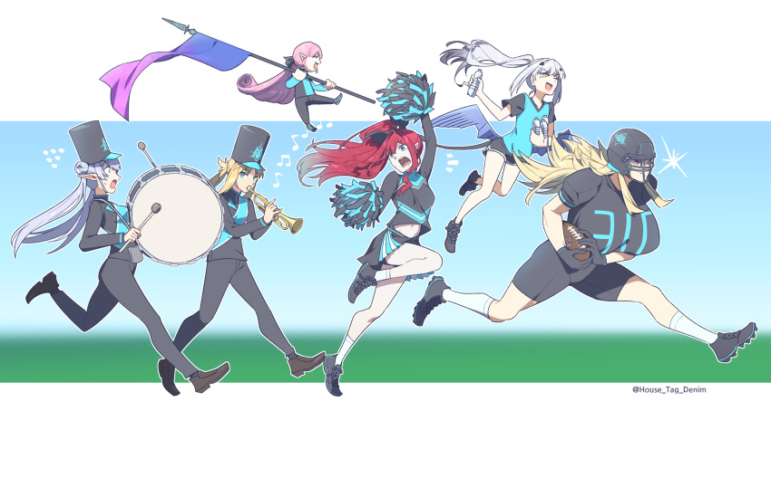 american_football american_football_(object) american_football_uniform artoria_caster_(fate) artoria_pendragon_(fate) ball band_uniform baobhan_sith_(fate) barghest_(fate) biceps blonde_hair blue_eyes bottle breasts britomart_(fate) cheering cheerleader closed_eyes dragon_wings drum fate/grand_order fate_(series) flag flagpole floating flying forked_eyebrows green_eyes grey_eyes grey_hair habetrot_(fate) hair_bun hair_ribbon hat heterochromia highres holding holding_ball holding_flag holding_instrument holding_pole holding_pom_poms house_tag_denim huge_breasts instrument large_breasts long_hair looking_at_viewer low_wings marching_band melusine_(fate) midriff mini_person miniskirt multiple_girls muscular muscular_female music navel open_mouth pink_hair playing_instrument pointy_ears pole pom_pom_(cheerleading) ponytail red_eyes redhead ribbon rugby_ball sidelocks skirt small_breasts smile sportswear standard_bearer star_sticker tall_female thighs trumpet very_long_hair water_bottle white_hair wings yellow_eyes