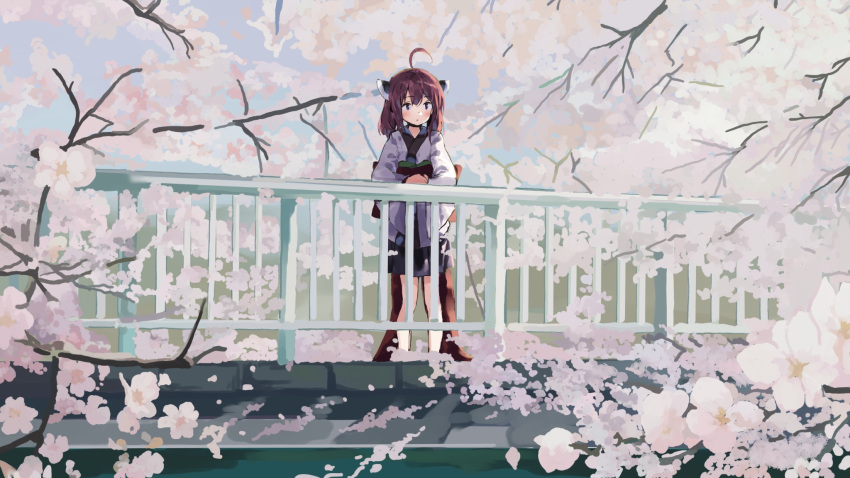 1girl ahoge black_skirt blue_sky blush branch brown_eyes brown_hair brown_pantyhose cherry_blossoms closed_mouth commentary_request day hair_between_eyes headgear highres japanese_clothes kimono lamb_(hitsujiniku) long_sleeves obi outdoors pantyhose pleated_skirt railing sash skirt sky solo standing touhoku_kiritan voiceroid white_kimono wide_sleeves
