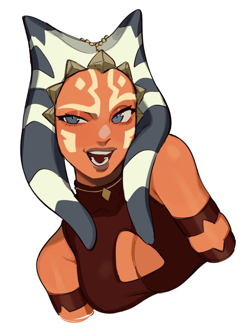 1girl absurdres ahsoka_tano blue_eyes breasts cleavage_cutout clothing_cutout colored_skin halterneck highres medium_breasts open_mouth orange_skin porqueloin portrait red_shirt shirt simple_background solo star_wars star_wars:_the_clone_wars teeth togruta upper_body white_background