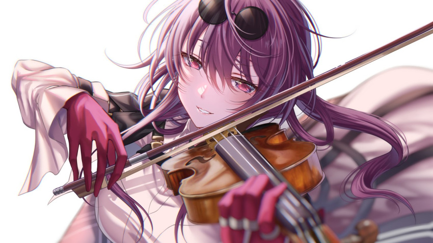 1girl black_jacket breasts eyewear_on_head gloves hair_between_eyes holding holding_instrument holding_violin honkai:_star_rail honkai_(series) instrument jacket kafka_(honkai:_star_rail) large_breasts light_blush long_hair looking_at_viewer music parted_lips playing_instrument portrait purple_gloves purple_hair rairaisuruyo round_eyewear shirt sidelocks simple_background solo sunglasses violet_eyes violin white_background white_shirt