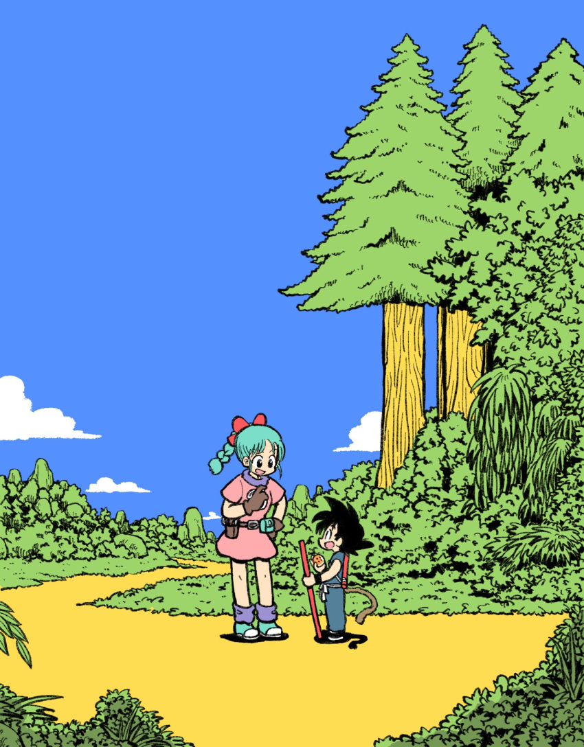 1boy 1girl aqua_footwear aqua_hair arawi_keiichi belt belt_pouch black_hair black_wristband blue_pants blue_shirt blue_sky bow braid braided_ponytail brown_gloves bulma clouds day dragon_ball dragon_ball_(object) dress flat_color gloves hair_bow highres holding holding_dragon_ball holding_staff long_hair looking_at_another monkey_tail open_mouth outdoors pants pink_dress plant pouch purple_socks red_bow shirt shoes short_dress short_hair short_sleeves sideways_mouth size_difference sky socks son_goku spiky_hair staff tail tree wide_shot