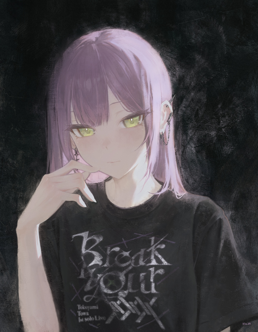 1girl absurdres bliss_htt blush commentary ear_piercing earrings english_text green_eyes highres hololive jewelry long_hair looking_at_viewer piercing purple_hair shirt solo symbol-only_commentary t-shirt tokoyami_towa virtual_youtuber