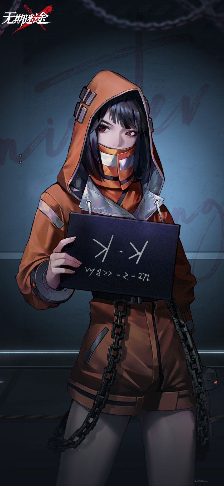 1girl absurdres against_wall black_hair chain character_name copyright_name covered_mouth cowboy_shot hand_up highres holding holding_sign hood hood_up hooded_jumpsuit indoors jumpsuit k.k._(path_to_nowhere) logo long_sleeves looking_at_viewer medium_hair mugshot official_art official_wallpaper orange_jumpsuit path_to_nowhere prison_clothes short_jumpsuit sign solo wristlet