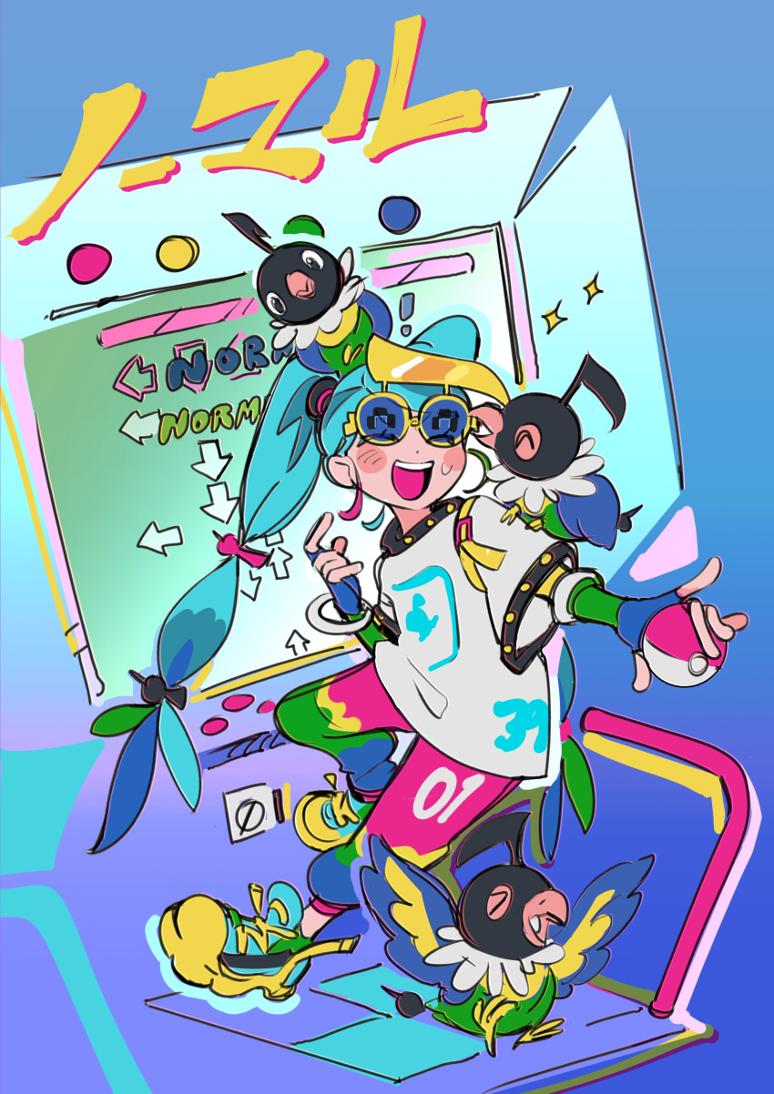 1girl ^_^ absurdres animal_on_shoulder arcade_cabinet bangle bird bird_on_shoulder blue-tinted_eyewear blue_background blue_gloves blue_hair blush bracelet chatot closed_eyes dance_dance_revolution dance_pad dancing elbow_gloves fingerless_gloves full_body gloves gradient_background green_pants hatsune_miku highres holding holding_poke_ball jewelry long_hair multicolored_clothes multicolored_footwear multicolored_gloves multicolored_pants normal_miku_(project_voltage) novelty_glasses outstretched_arm pants pink_pants poke_ball pokemon pokemon_(creature) popotocurry project_voltage shirt shoes smile sneakers solo sparkle sunglasses sweat tinted_eyewear twintails vocaloid white_shirt