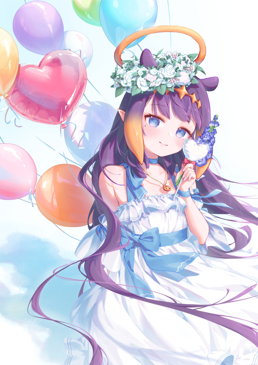 1girl aeon_ion alternate_costume balloon blue_choker blue_eyes blue_sash blush choker dress frilled_dress frills halo heart_balloon highres hololive hololive_english long_hair looking_at_viewer ninomae_ina'nis pointy_ears purple_hair sash smile solo tentacle_hair virtual_youtuber white_background white_dress yellow_halo