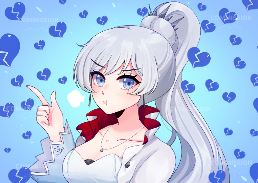1girl :t absurdres blue_background blue_eyes blush breasts broken_heart chumi closed_mouth collarbone commission dangle_earrings earrings english_commentary hair_ornament hand_up heart heart_background high_ponytail highres index_finger_raised jacket jewelry long_hair looking_at_viewer medium_breasts open_clothes open_jacket pendant ponytail pout rwby scar scar_across_eye scar_on_face solo upper_body weiss_schnee white_hair white_jacket