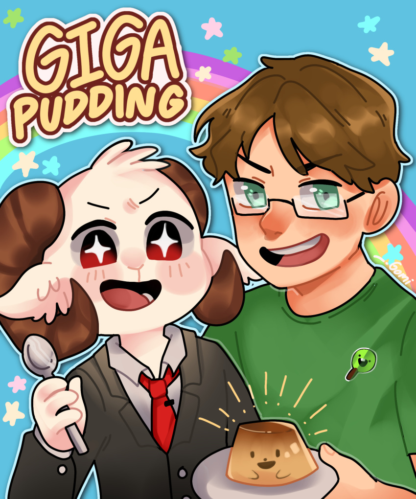 2boys animal_ears animification brown_hair commentary english_commentary english_text food furry furry_male giga_pudding glasses gomi_(gomiidd) highres holding holding_spoon horns jschlatt male_focus minecraft_youtube multiple_boys necktie open_mouth pudding rainbow rammie red_eyes red_necktie sheep_boy sheep_ears sheep_horns short_hair slimecicle smile smplive sparkling_eyes spoon suit