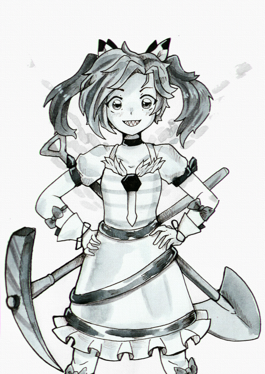1girl collarbone cowboy_shot dungeon_toaster frilled_skirt frills gloves greyscale hands_on_own_hips highres himemushi_momoyo inktober looking_at_viewer medium_hair monochrome open_mouth pickaxe puffy_short_sleeves puffy_sleeves sharp_teeth short_sleeves shovel skirt solo teeth touhou traditional_media two_side_up