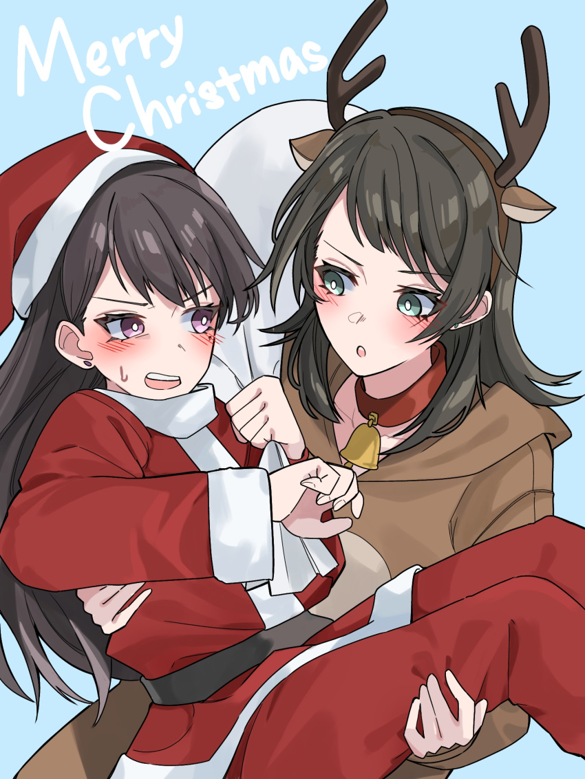 2girls animal_costume animal_ears antlers bag bang_dream! bang_dream!_it's_mygo!!!!! bell blue_background blue_eyes blush bright_pupils brown_hair carrying christmas commentary_request deer_ears english_text fur-trimmed_headwear fur-trimmed_shirt fur_trim hat highres holding holding_bag horns long_hair long_sleeves looking_at_another merry_christmas mole mole_under_eye multiple_girls nanami_(nunnun_0410) neck_bell pants parted_lips princess_carry red_pants red_shirt redhead reindeer_antlers reindeer_costume santa_costume santa_hat shiina_taki shirt sweatdrop violet_eyes white_pupils yahata_umiri yuri