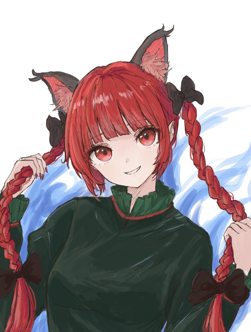 1girl animal_ears black_bow bow breasts cat_ears cat_girl dress green_dress hair_bow highres kaenbyou_rin kashiwada_kiiho looking_at_viewer multiple_hair_bows red_eyes redhead sketch smile solo touhou twintails white_background