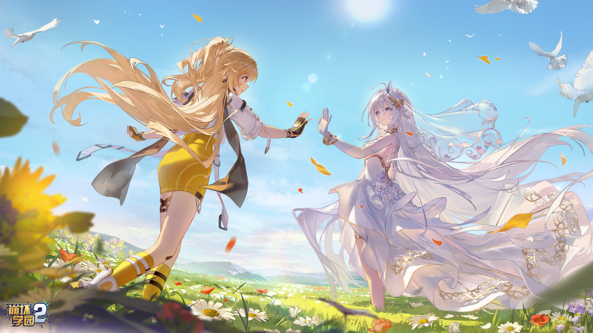 2girls absurdres ahoge ash-c benghuai_xueyuan bird black_gloves blonde_hair blue_eyes blue_sky bracelet bridal_veil character_request chinese_commentary closed_mouth clouds day dress earrings elbow_gloves falling_petals field fingerless_gloves flower flower_ornament gloves grass hair_ornament highres honkai_(series) jacket jewelry karin_mered_(benghuai_xueyuan) leg_wrap logo long_dress long_hair looking_at_another mountainous_horizon multiple_girls official_art outdoors outstretched_hand parted_lips petals red_eyes scenery sky smile socks standing star_(symbol) star_earrings sun two-tone_gloves veil very_long_hair white_gloves white_hair white_jacket yellow_dress yellow_gloves yellow_socks