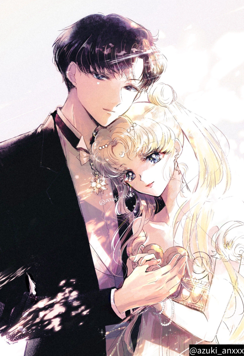 1boy 1girl bishoujo_senshi_sailor_moon black_hair black_jacket blonde_hair blue_eyes bow bowtie bracelet collared_shirt couple crescent crescent_earrings crescent_facial_mark detached_sleeves dolcexxx double_bun dress earrings endymion_(sailor_moon) facial_mark forehead_mark gold_trim hair_bun hetero highres holding_hands jacket jewelry light_smile long_hair looking_at_viewer parted_bangs pearl_bracelet pearl_hair_ornament princess_serenity shirt short_hair sidelocks suit_jacket tuxedo twintails twitter_username very_long_hair white_bow white_bowtie white_dress white_shirt