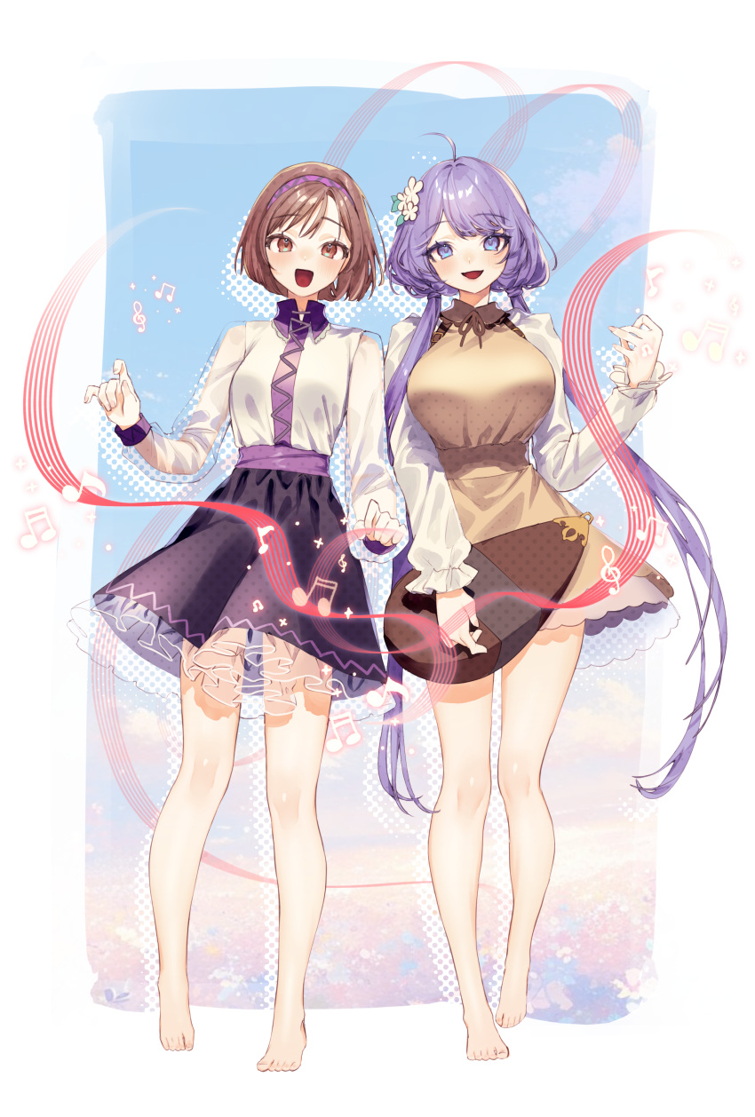 2girls absurdres ahoge barefoot beamed_eighth_notes biwa_lute black_skirt blush breasts brown_dress brown_eyes brown_hair dress eighth_note fingernails flower frilled_skirt frills full_body hair_flower hair_ornament hairband highres instrument large_breasts long_hair long_sleeves looking_at_viewer lute_(instrument) mokokiyo_(asaddr) multiple_girls musical_note open_mouth purple_hair purple_hairband shirt short_hair siblings sisters skirt small_breasts smile toes touhou treble_clef tsukumo_benben tsukumo_yatsuhashi violet_eyes white_flower white_shirt