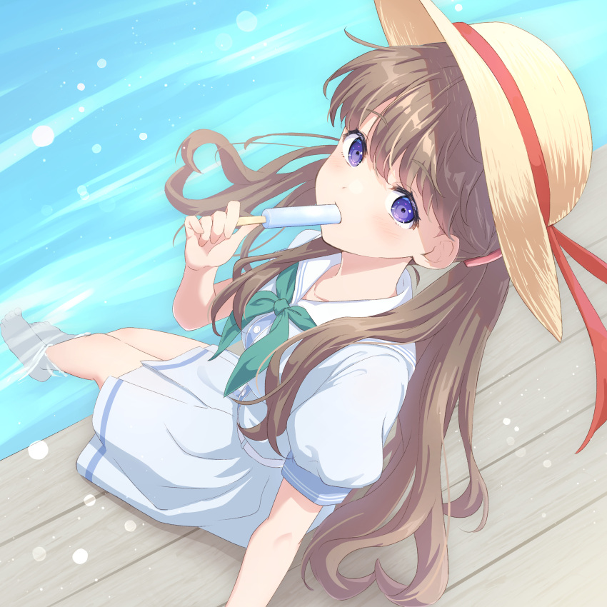 1girl absurdres aqua_neckerchief blurry bokeh brown_hair collarbone commentary_request day depth_of_field dress eating food food_in_mouth from_above fujishima_megumi hasu_no_sora_school_uniform hat hat_ribbon heart heart_hair highres holding holding_food holding_popsicle link!_like!_love_live! long_hair looking_at_viewer love_live! medium_dress neckerchief outdoors pleated_dress popsicle red_ribbon ribbon sailor_collar sailor_dress school_uniform short_sleeves sitting soaking_feet solo straw_hat summer_uniform sun_hat two_side_up violet_eyes virtual_youtuber water white_dress white_sailor_collar wooden_floor yutuki_ame