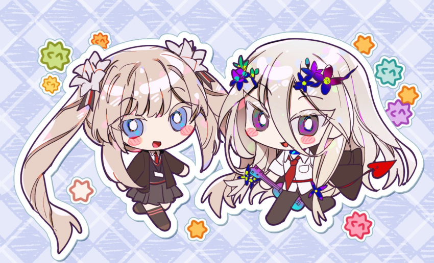 1boy 1girl :d black_jacket black_pants black_thighhighs blonde_hair blue_background blue_choker blue_eyes blue_flower blue_sweater blush_stickers bright_pupils brown_footwear candy chibi choker collared_shirt colored_eyelashes commentary_request eyes_visible_through_hair fate/grand_order fate_(series) flower food gradient_flower green_eyes grey_skirt hair_between_eyes hair_flower hair_ornament holding holding_instrument instrument jacket jacket_on_shoulders konpeitou korean_commentary lanyard long_hair looking_at_viewer low-tied_sidelocks marie_antoinette_(alter)_(fate) marie_antoinette_(fate) multicolored_eyes necktie open_clothes open_jacket open_mouth outline outstretched_arms pants pleated_skirt purple_flower red_necktie school_uniform shirt simple_background sitto skirt smile sweater thigh-highs twintails ukulele very_long_hair violet_eyes white_flower white_outline white_pupils white_shirt wing_collar wolfgang_amadeus_mozart_(fate)