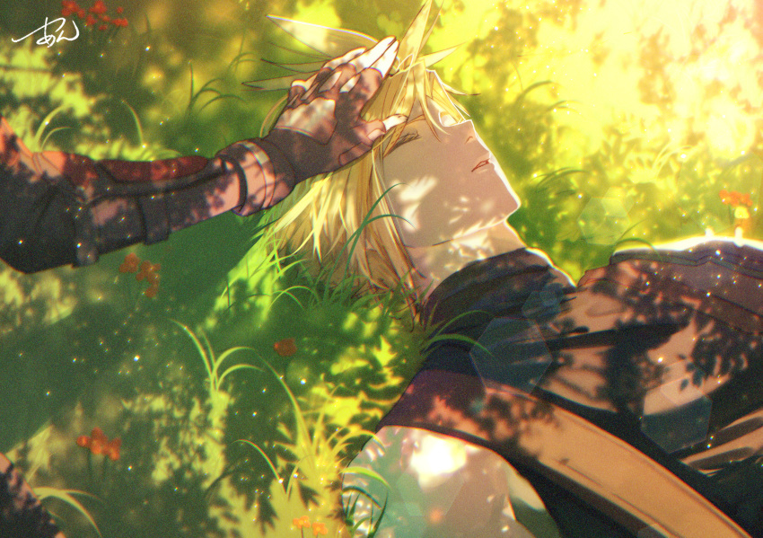 1boy 1girl armor black_gloves blonde_hair bracelet closed_eyes cloud_strife commentary_request dappled_sunlight final_fantasy final_fantasy_vii final_fantasy_vii_rebirth final_fantasy_vii_remake fingerless_gloves gloves grass hand_on_another's_head highres jewelry light_particles lying on_back on_grass outdoors parted_lips short_hair shoulder_armor signature single_arm_guard single_bare_shoulder sleeping sleeveless sleeveless_turtleneck spiky_hair sunlight suspenders sweater tifa_lockhart tsu-an turtleneck turtleneck_sweater upper_body
