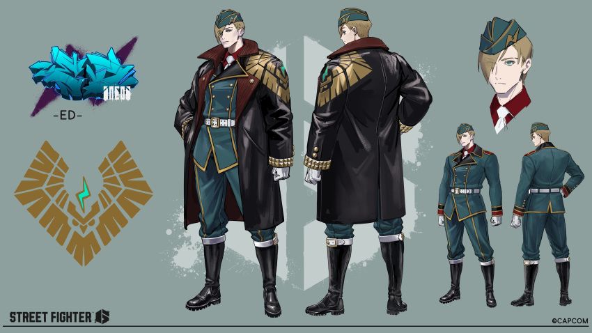 1boy absurdres belt blonde_hair boots character_name coat commentary copyright_name ed_(street_fighter) english_commentary garrison_cap gloves hand_in_pocket hand_on_own_hip hat highres military_uniform necktie official_alternate_costume official_art reference_sheet solo standing street_fighter street_fighter_6 uniform