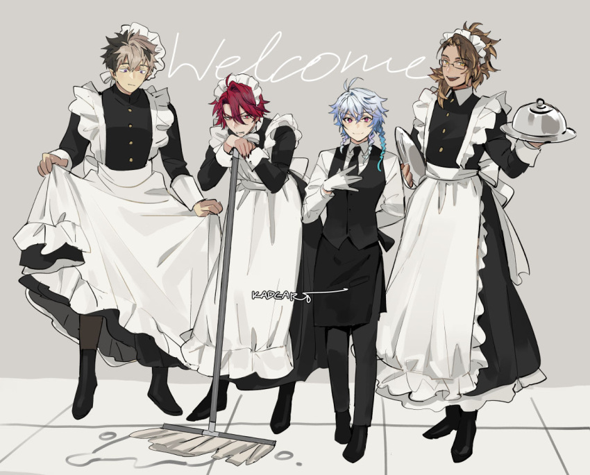 4boys ahoge apron artist_name black_dress black_footwear black_hair black_nails black_necktie black_pants black_pantyhose black_vest blonde_hair blue_hair brown_hair butler clothes_lift crimzon_ruze crossdressing dress dress_lift english_text eyebrow_cut frilled_apron frilled_dress frills glasses goldbullet grey_hair hair_between_eyes hair_ornament hairpin hand_on_own_chest holding holding_plate holoarmis holostars holostars_english jurard_t_rexford kadeart leaning_on_object long_hair long_sleeves looking_at_viewer maid maid_apron maid_headdress male_focus mop multicolored_hair multiple_boys multiple_hairpins necktie octavio open_mouth pants pantyhose pink_eyes plate pointy_ears ponytail red_eyes redhead shirt short_hair smile streaked_hair tri_braids two-tone_hair vest violet_eyes virtual_youtuber white_apron white_hair white_shirt yellow_eyes