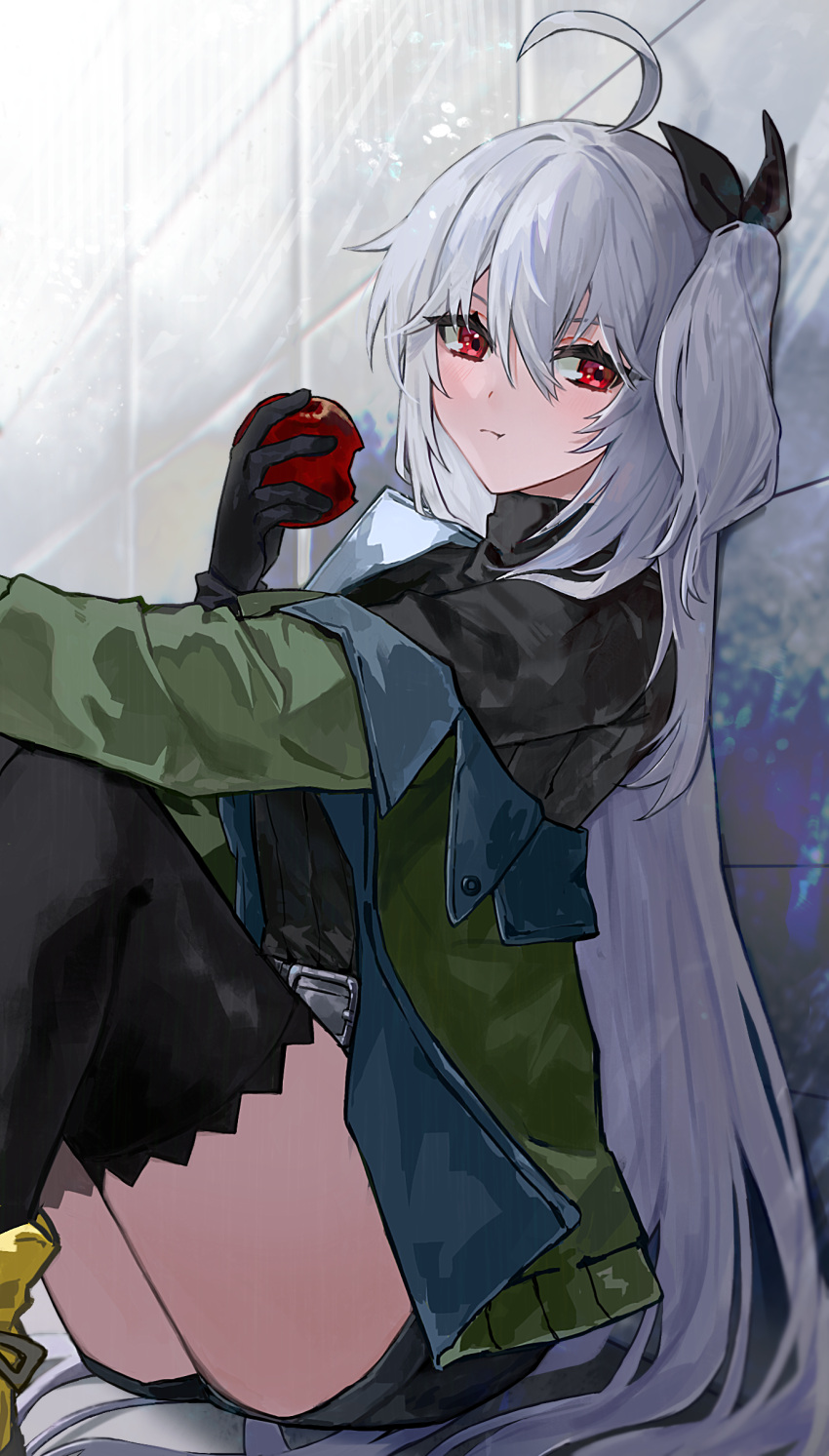 1girl absurdres against_wall ahoge apple arknights arm_rest belt belt_buckle bitten_apple black_belt black_gloves black_ribbon black_shorts black_sweater black_thighhighs blurry blurry_background buckle closed_mouth commentary depth_of_field eating feet_out_of_frame food food_bite from_side fruit gloves green_jacket grey_hair hair_between_eyes hair_flowing_over hair_ribbon hair_spread_out hand_up high_collar highres holding holding_food holding_fruit jacket lapels leaning light_blush light_rays long_bangs long_hair long_sleeves looking_at_viewer notched_lapels off_shoulder official_alternate_costume on_ground open_clothes open_jacket red_apple red_eyes revision ribbed_sweater ribbon shade shadow short_shorts shorts side_ponytail sitting skadi_(arknights) skadi_(the_next_afternoon_tea)_(arknights) solo straight_hair sweater swept_bangs thigh-highs thighs tile_wall tiles turtleneck turtleneck_sweater two-sided_fabric two-sided_jacket very_long_hair yuro_(_yu_you)